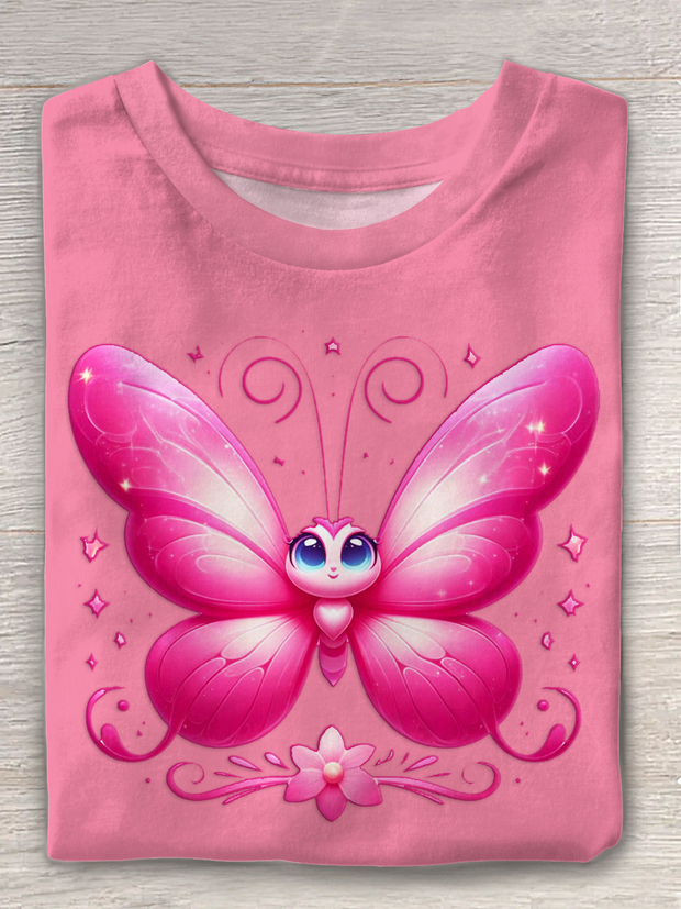 Cute Cartoon Butterfly Print Crew Neck T-shirt