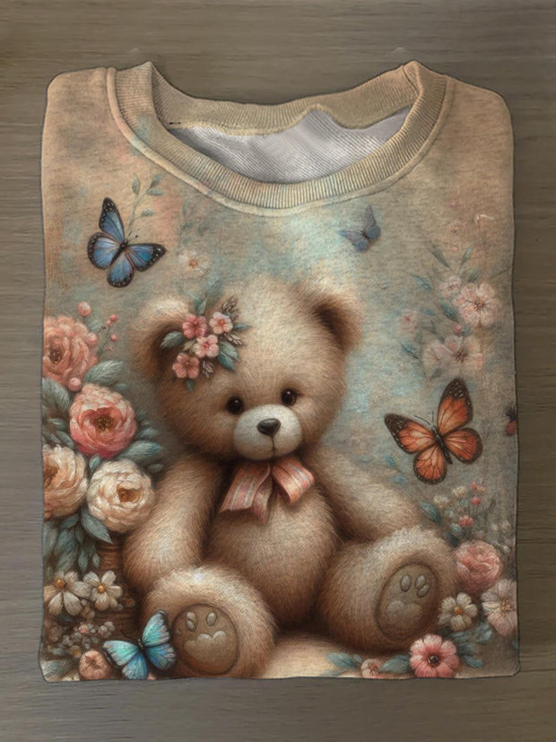 Retro Cute Bear Printed Long Sleeve Casual Top