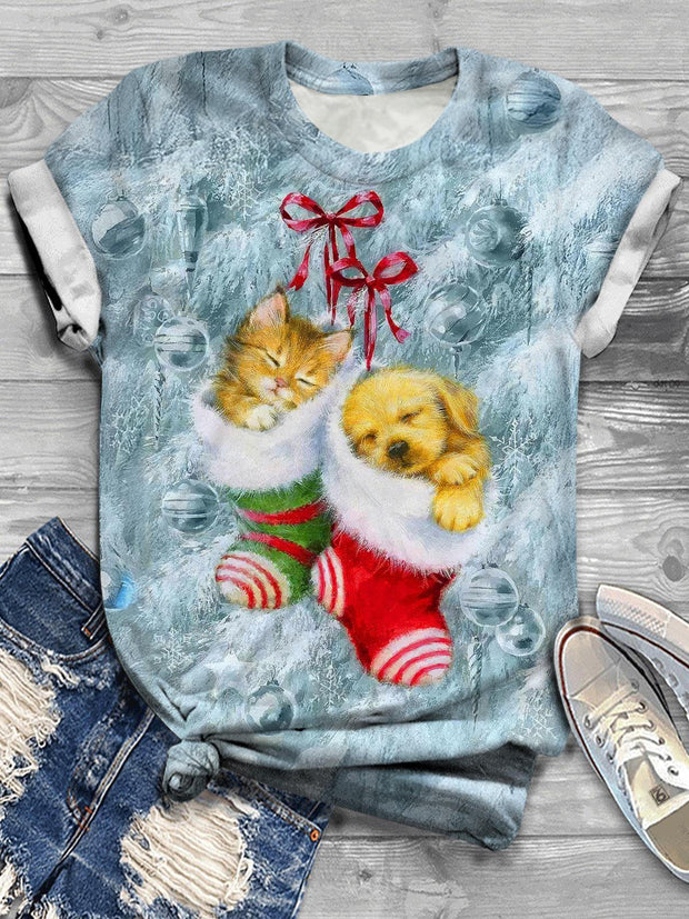 Christmas Animal Cub Socks Print Casual T-shirt