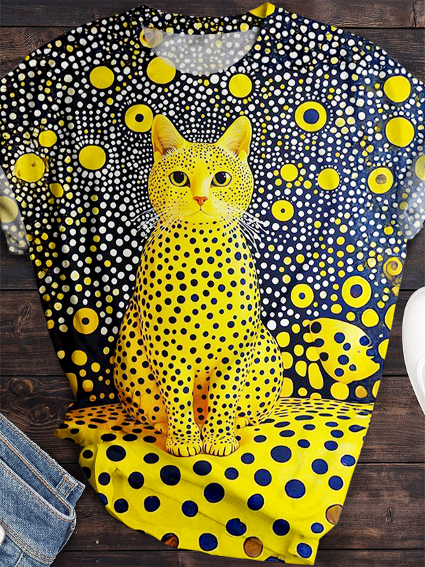 Contrasting Color Polka Dot Geometric Cat Art Crew Neck T-shirt