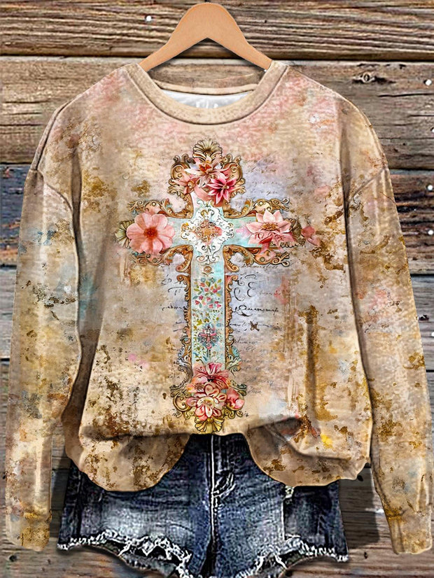 Women's Vintage Baroque Cross Printed Long Sleeve Casual Top