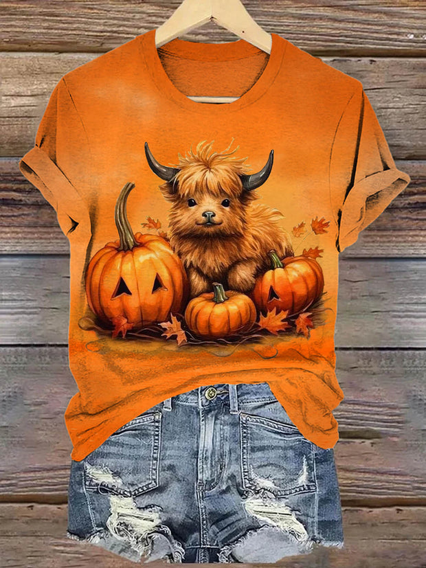 Women's Cute Cow Pumpkin Retro Print Short Sleeve T-Shirt