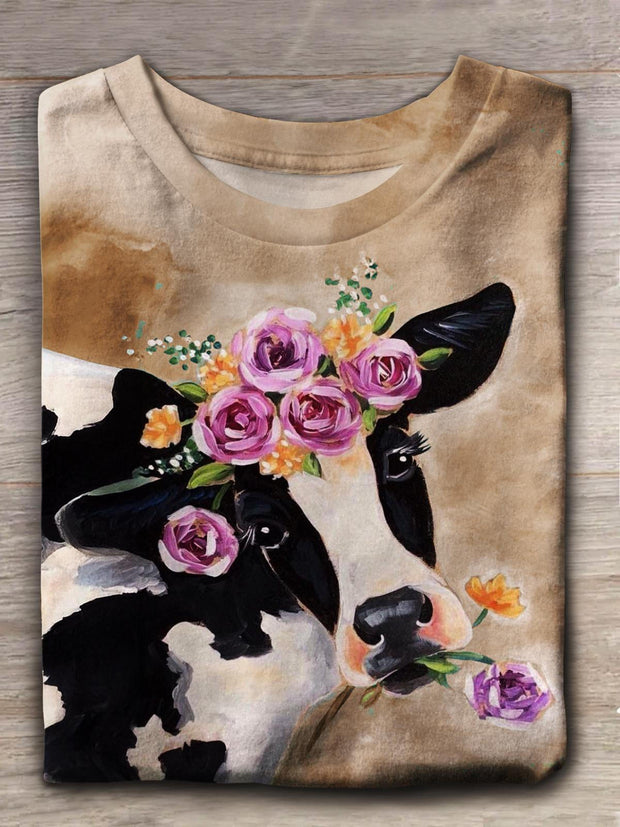 Funny Cow Wearing Flowers Crew Neck T-shirt