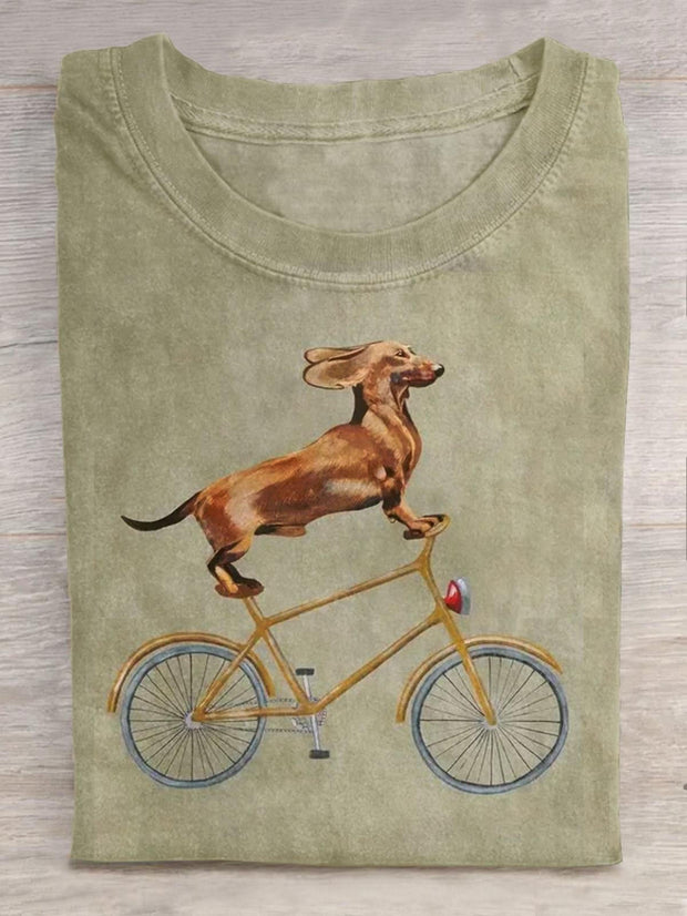 Cute Funny Dachshund Cycling Crew Neck T-shirt