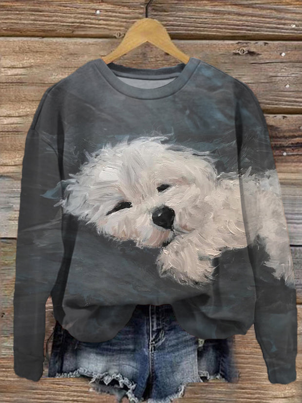 Women's Cute Sleeping Puppy Crew Neck Casual Sweatshirt