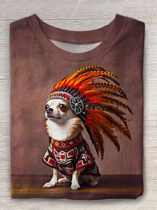 Cute Indian Puppy Print Crew Neck T-shirt