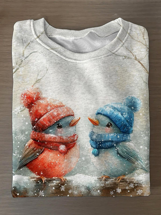 Cute Bird Winter Printed Long Sleeve Casual Top