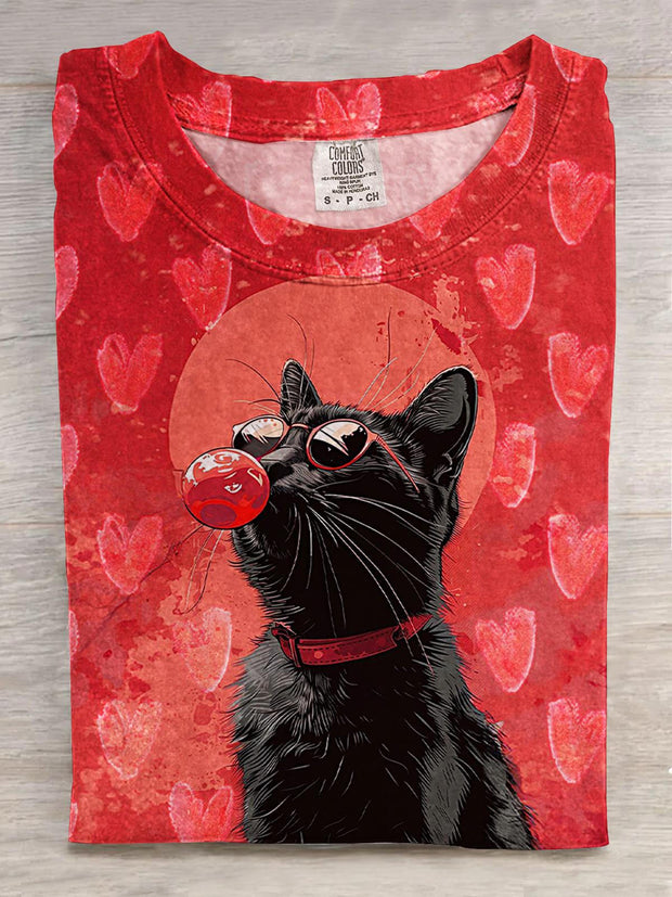 Valentine's Day Love Bubble Kitten Print Crew Neck T-shirt