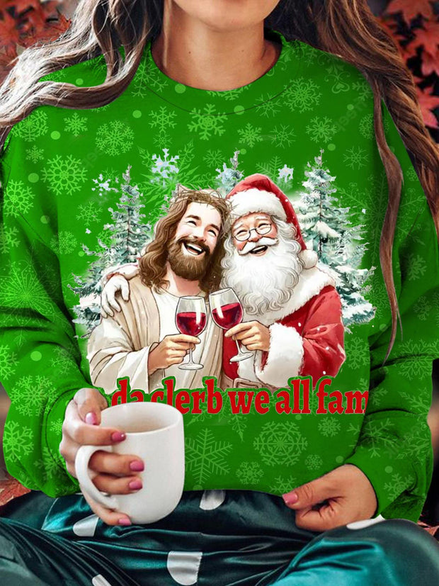 Santa Claus And Jesus Drinking Red Wine Printed Long Sleeve Casual Top