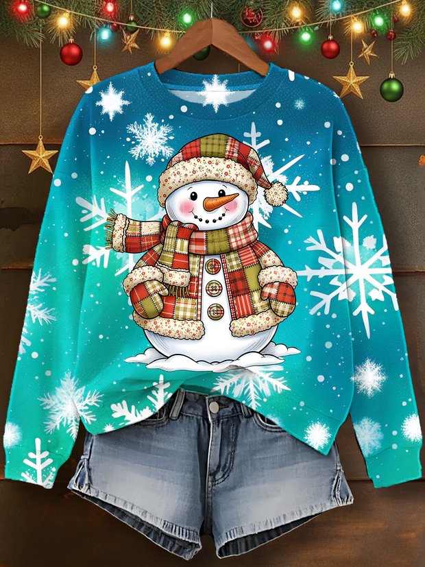 Patchwork Snowman Printed Long Sleeve Casual Top