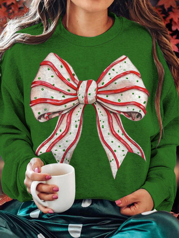 Christmas Striped Bow Crew Neck Casual Sweatshirt