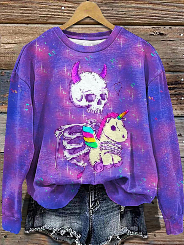 Women's Halloween Skull Unicorn Print Round Neck Long Sleeve Top