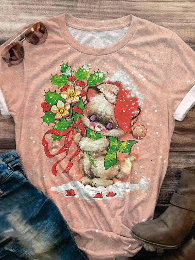 Women's Christmas Cute Cat Snow Scene Vintage Print T-shirt