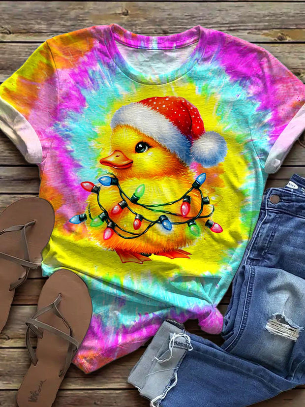 Women's Christmas Duck Print Crew Neck T-shirt