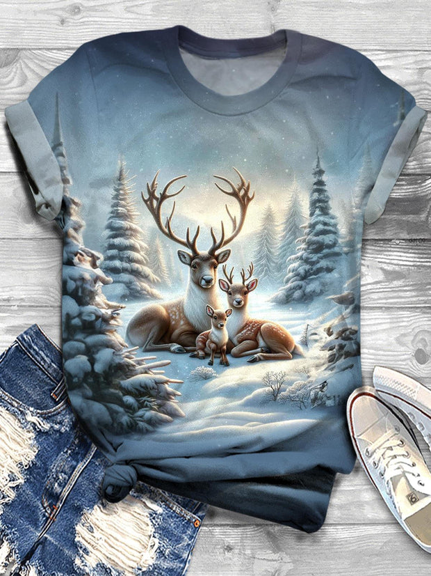 Snowy Day Sleds Deer Crew Neck T-shirt