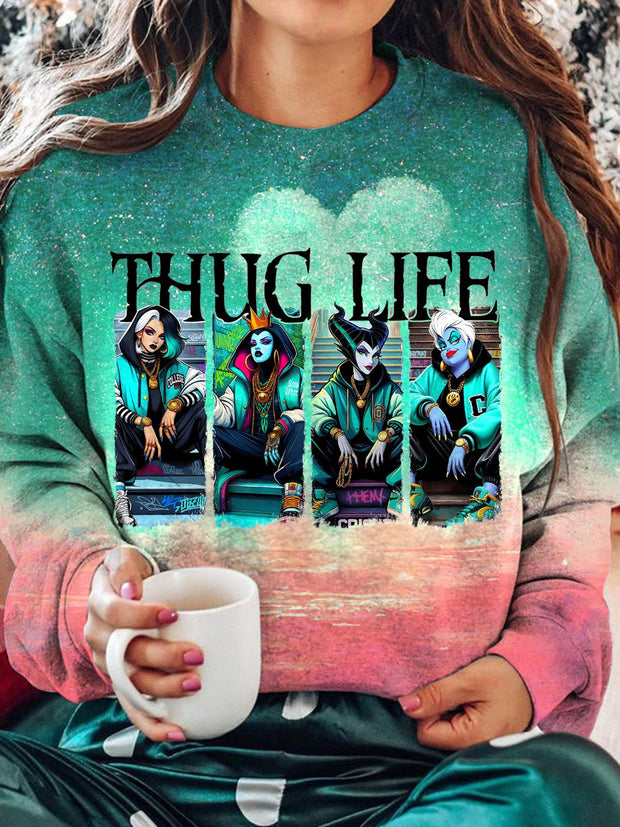 Women's Thug Life Movie Illustration Printed Casual Crew Neck Long Sleeve Top