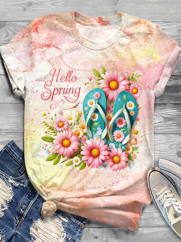 Spring Flower Printed Crew Neck T-shirt