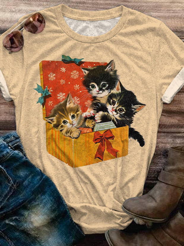 Kittens and Cats Playful on Holiday Presents Crew Neck T-shirt