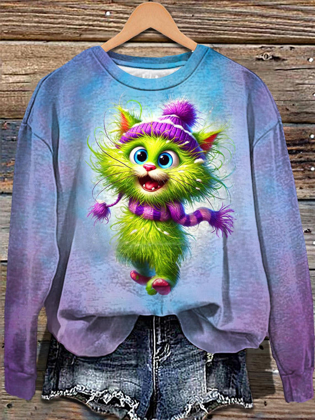 Christmas Grinch Cat Printed Long Sleeve Casual Top
