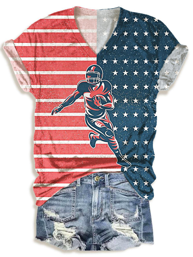 Vintage Stars And Stripes Football Print V-Neck T-Shirt