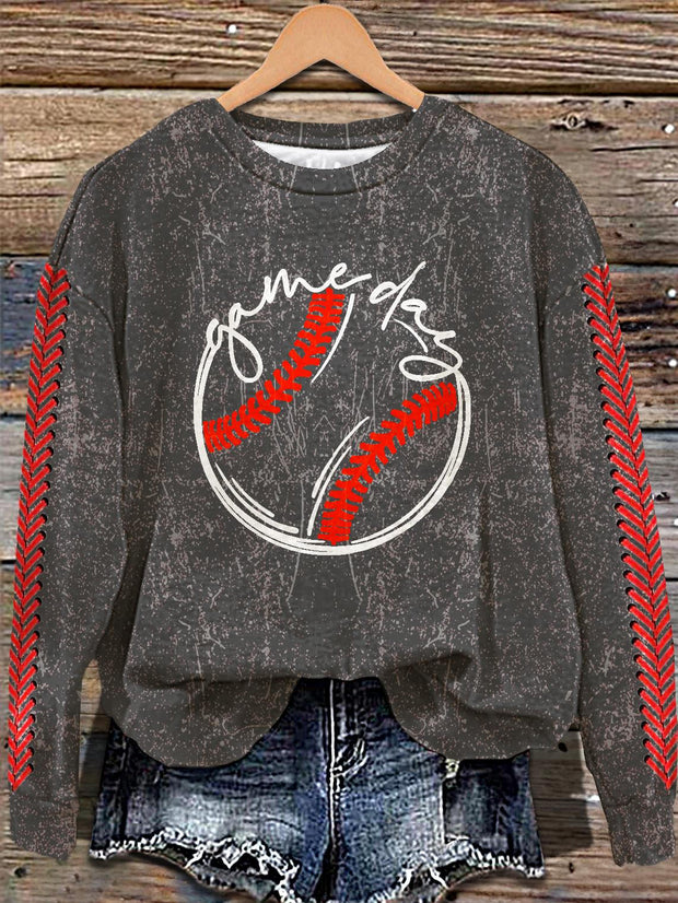 Vintage Baseball Game Day Printed Long Sleeve Casual Top