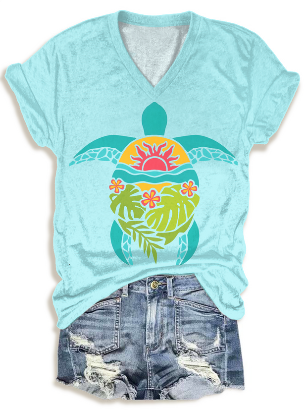 Abstract Floral Turtle Art V-neck T-Shirt
