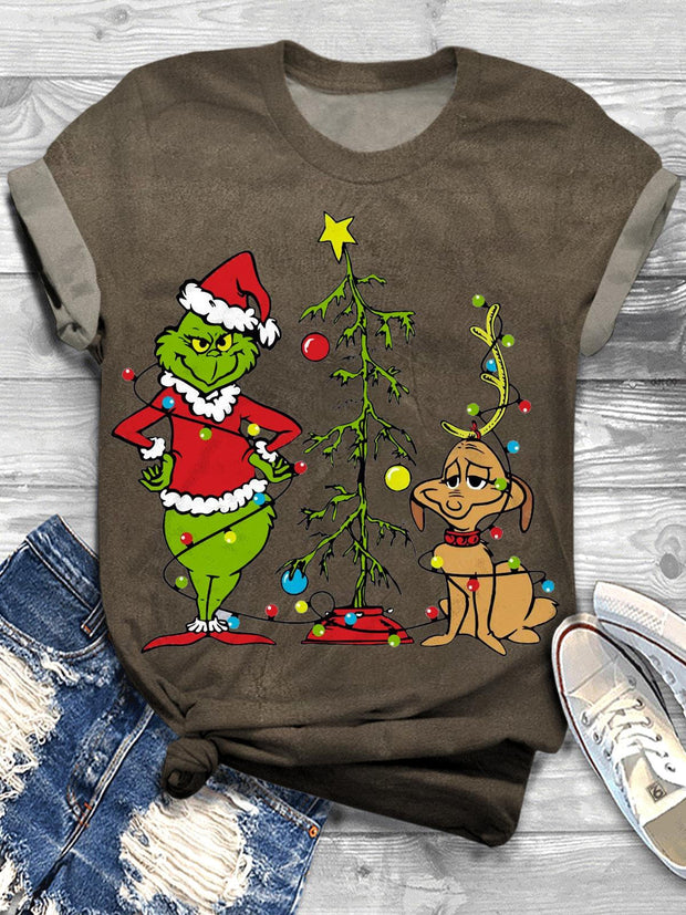 Christmas Green Furry Monster And His Puppy Crew Neck T-shirt