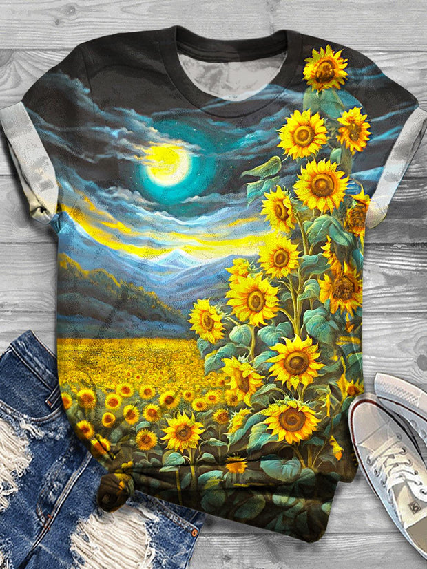 Women's Starry Sky And Sunflower Print Crew Neck T-shirt