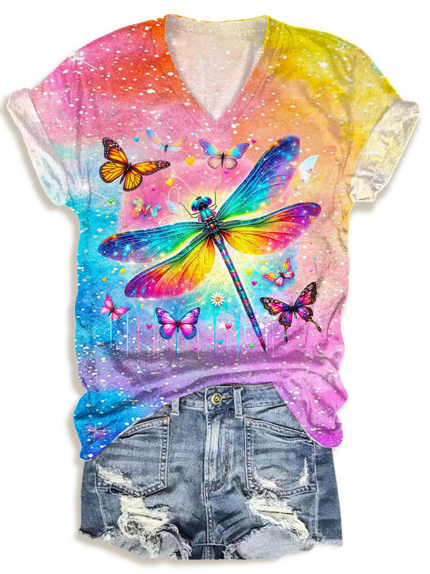 Colorful Butterfly And Dragonfly Print V-neck T-Shirt