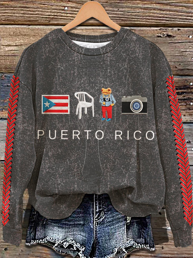 DTMF Puerto Rican Embroidered Baseball Vintage Print Long Sleeve Casual Top