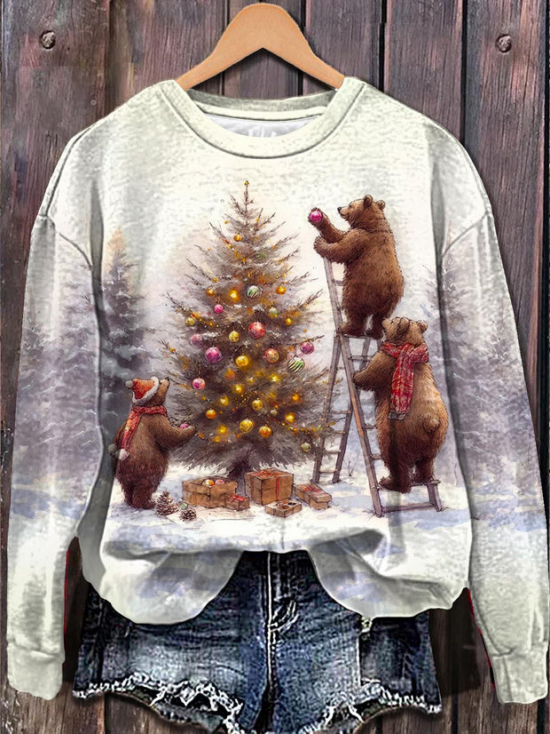 Winter Christmas Brown Bear Printed Long Sleeve Casual Top