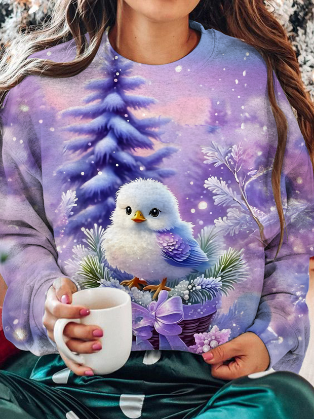 Winter Christmas Wreath Bird Long Sleeve Casual Top