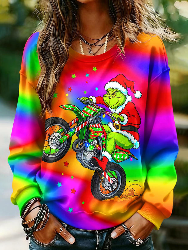 Christmas Bike Ride Grinch Printed Long Sleeve Casual Top