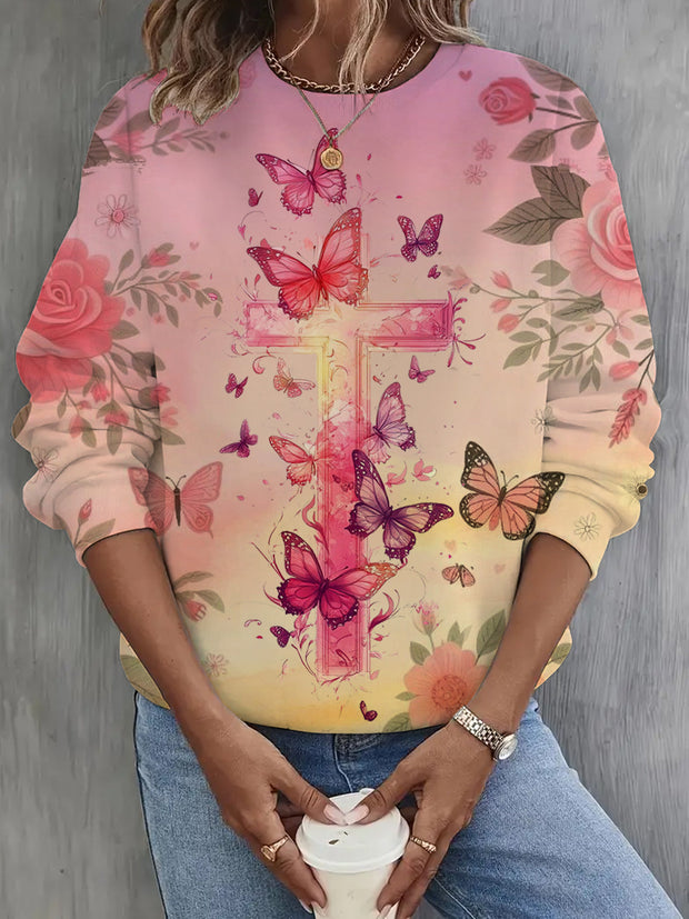 Cat Flower Illustration Long Sleeve Casual Top