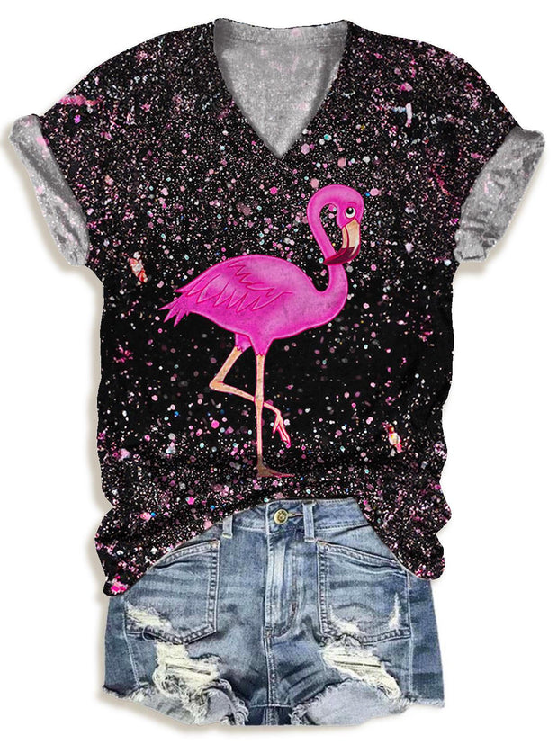 Sequin Flamingo Print V-neck T-Shirt