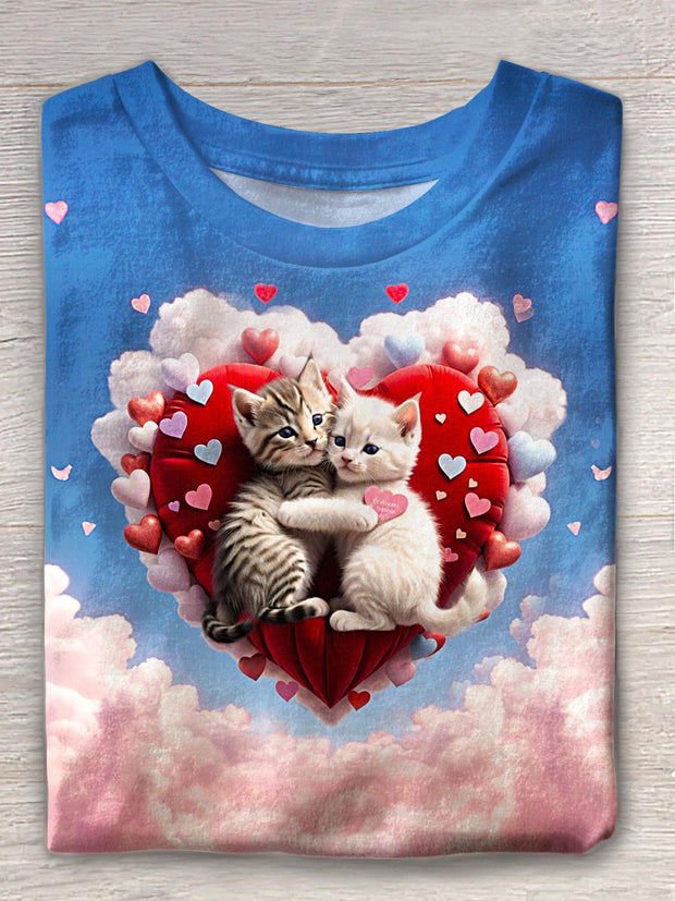 Valentine's Day Cute Hug Cat Print Crew Neck T-shirt