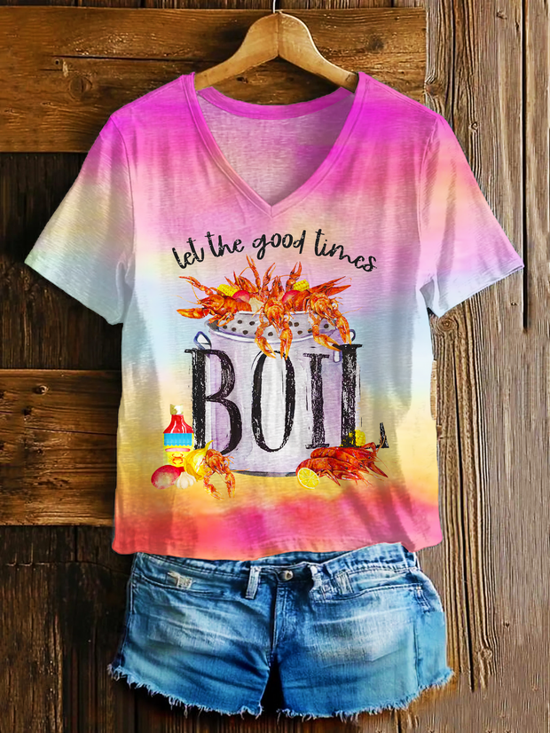 Let The Good Times Boil Crawfish Art V-neck T-Shirt