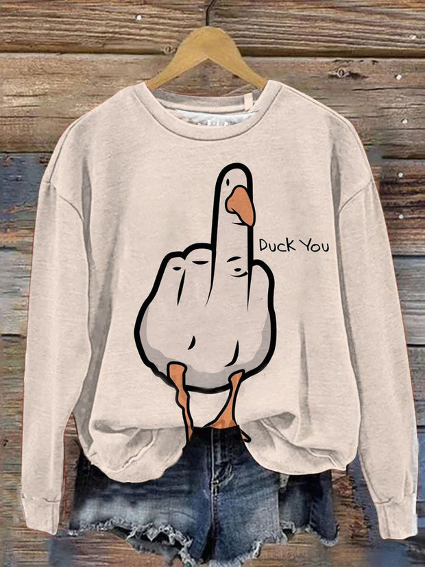 Duck You Printed Long Sleeve Casual Top