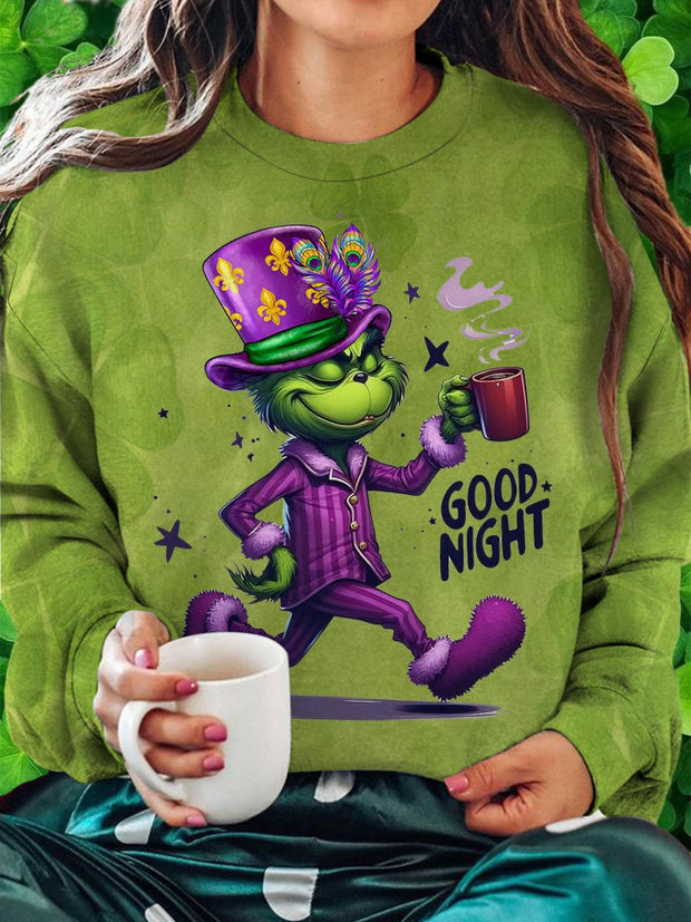 Mardi Gras Good Nigh Printed Long Sleeve Casual Top