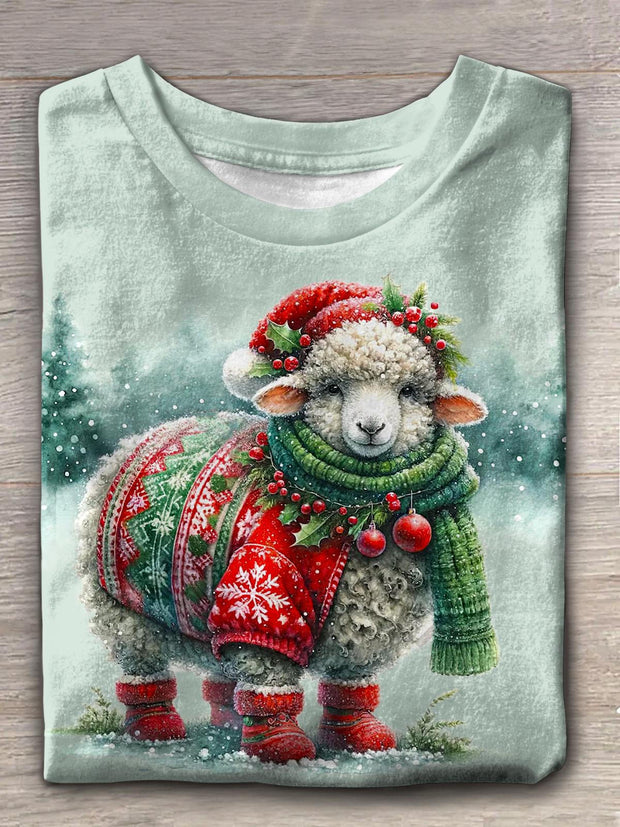 Women's Christmas Snow Sheep Crew Neck T-shirt