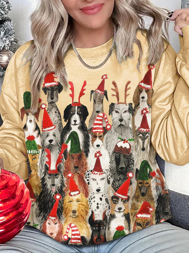 Women's Christmas Dog Family Portrait Crew Neck Casual Sweatshirt