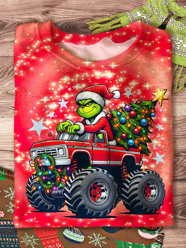 Women's Christmas Green Monster Truck Printed Long Sleeve Casual Top