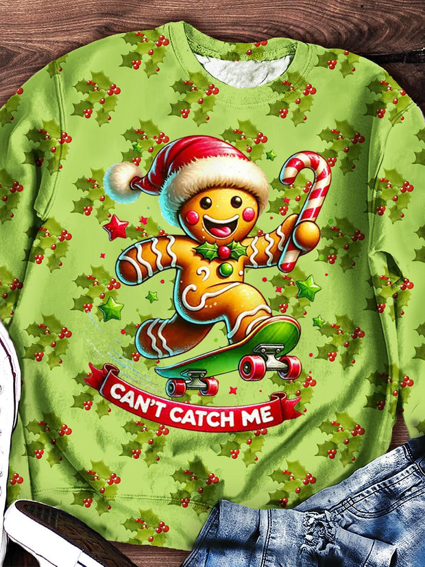 Women's Christmas Cheerful Gingerbread Man Printed Long Sleeve Casual Top