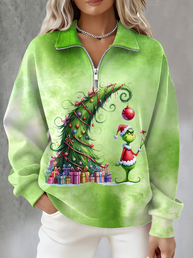Christmas Grinch Christmas Tree Print Long Sleeve Zipper Sweatshirt