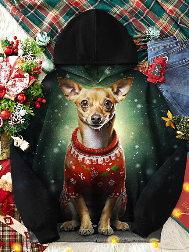 Women's Christmas Dog Print Long Sleeve Printed Hoodie