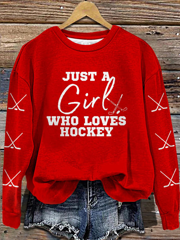 Women's Just A Girl Who Loves Hockey Printed Long Sleeve Casual Top