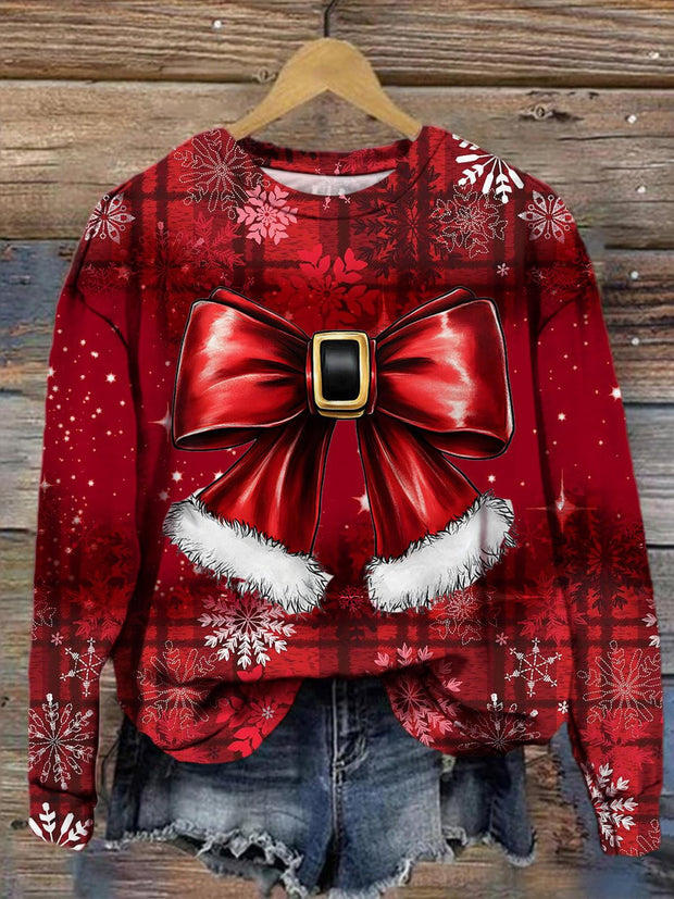 Women's Christmas Snow Scene Bow Vintage Plaid Print Long Sleeve Top