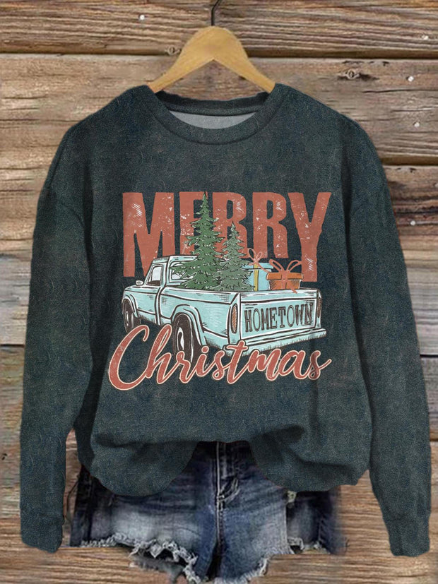 Women's Merry Christmas Retro Cars Crew Neck Casual Sweatshirt