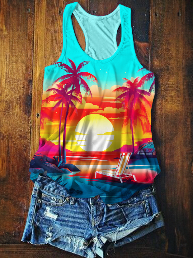 Vacation Sunset Beach Scenery Printed Casual Tank Top