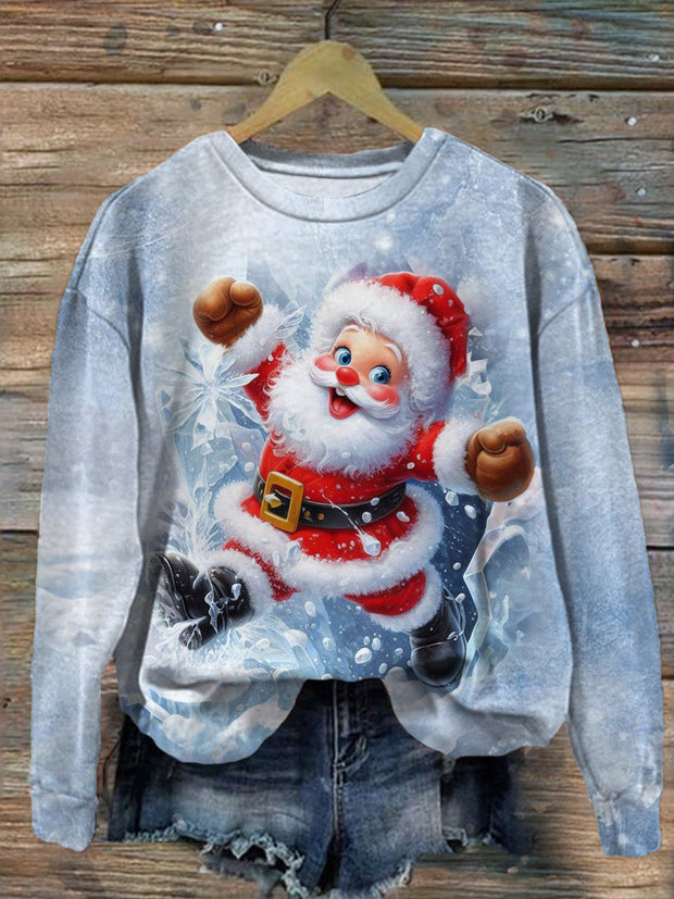 Women's Happy Santa Print Round Neck Long Sleeve Top